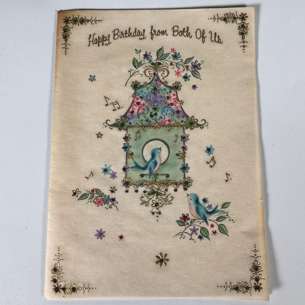 Vintage Hallmark Birthday Card Birds Birdhouse Musical From Both Of Us Floral